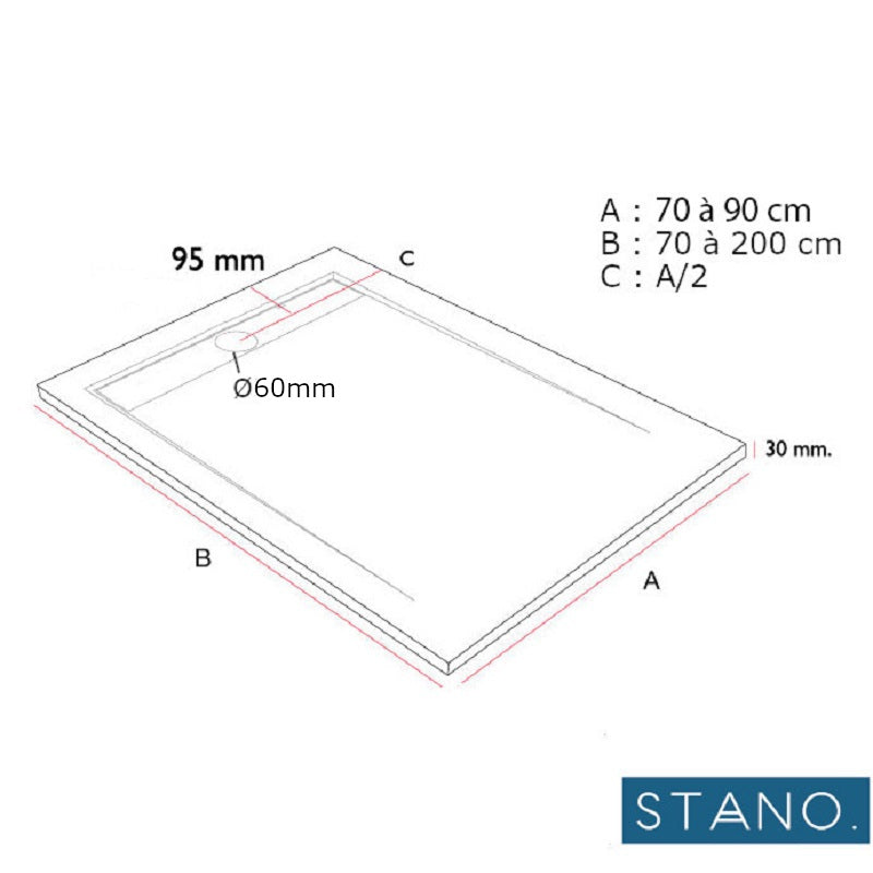 Dimensions - Receveur de douche extra plat ARCO en résine surface ardoisée - Le Monde du Bain