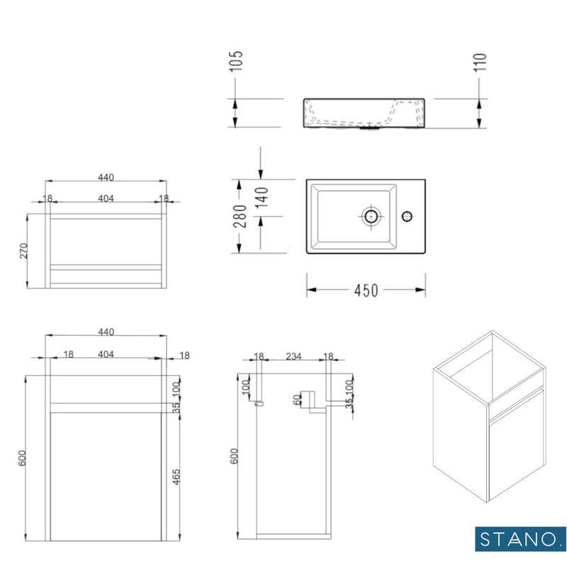 Meuble lave-main salle de bain design MESSINA largeur 45 cm blanc laqué