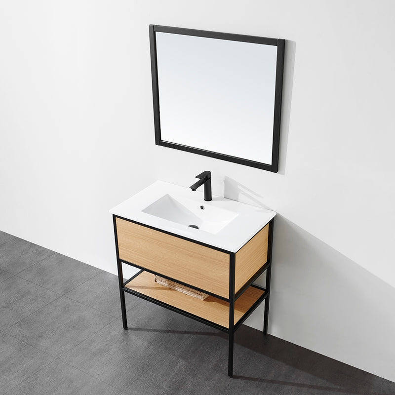 Meuble salle de bain TORY largeur 80 cm, en métal noir avec vasque céramique blanche