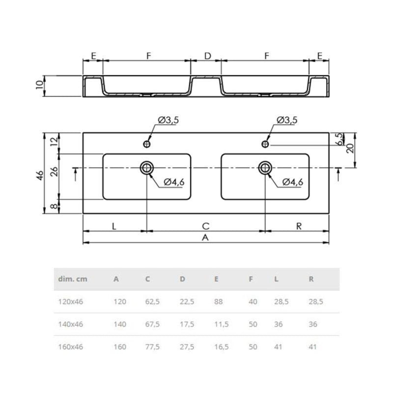 Fiche technique - Double vasque suspendue en solid surface CARDIFF MURO - Le Monde du Bain