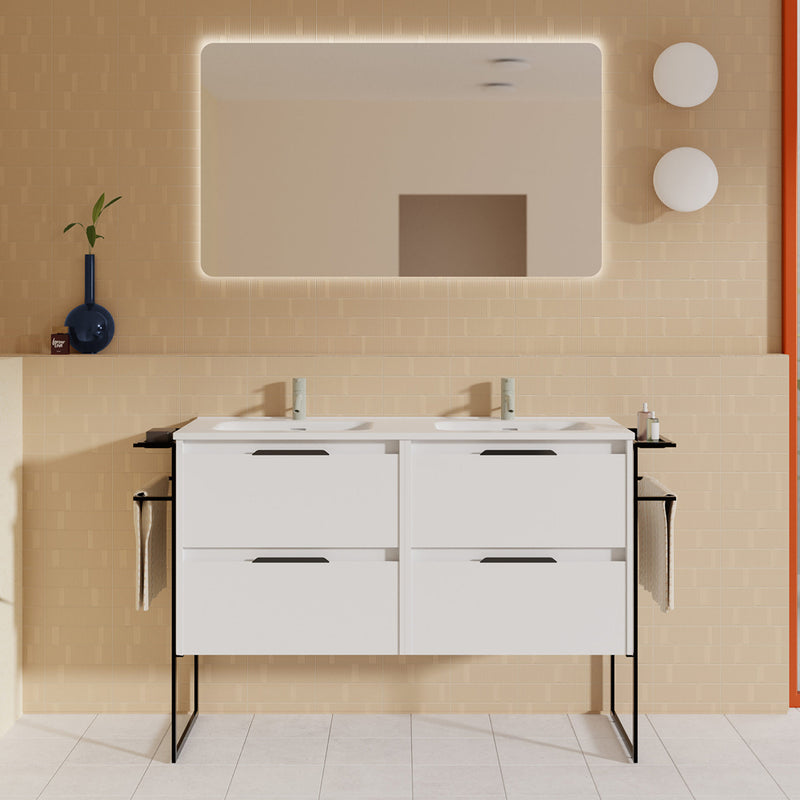 Meuble salle de bain double vasque en bois et métal KEIKO blanc brillant