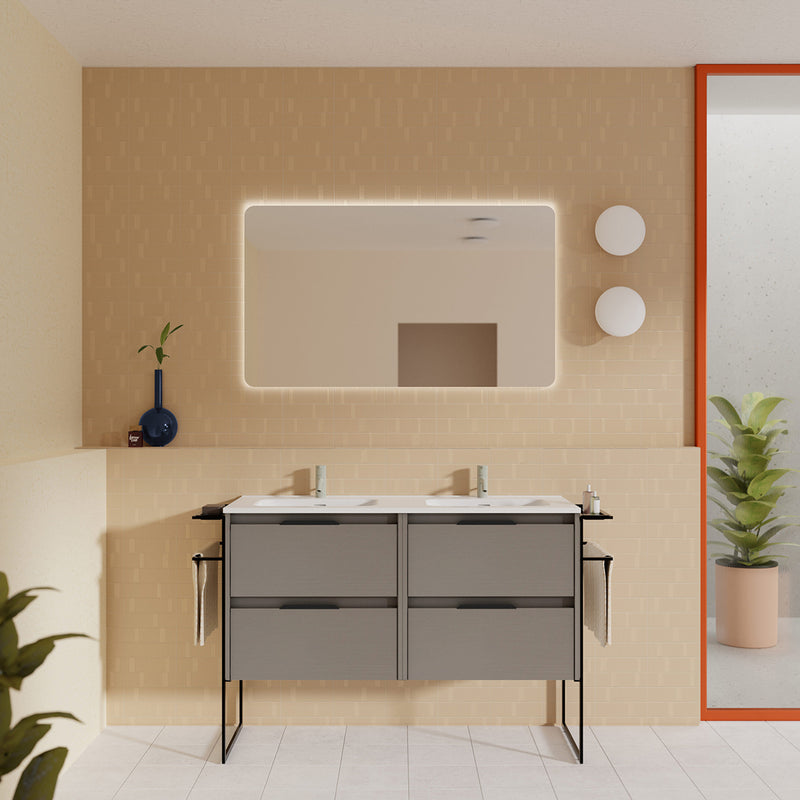 Meuble salle de bain double vasque en bois et métal ambiance industrielle moderne et design