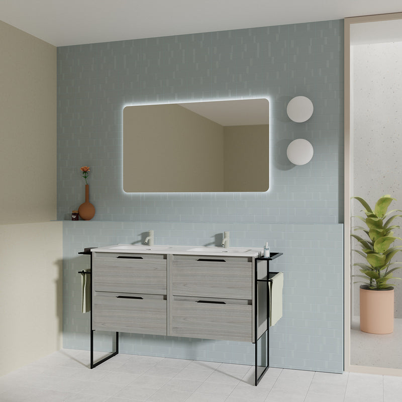 Meuble salle de bain double vasque en bois et métal ambiance design industriel moderne
