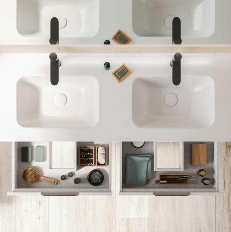 Meuble salle de bain double vasque en bois et métal KEIKO blanc brillant
