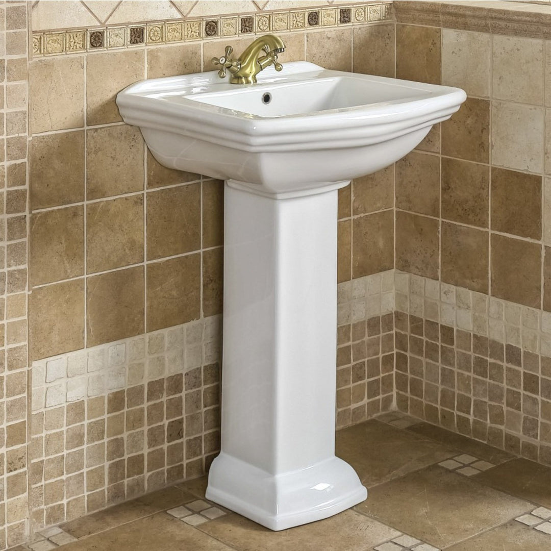 Lavabo Art Déco émaillé Blanc Sur Piètement Colonne - XXe Siècle - Dimensions 92x91x58 Cm