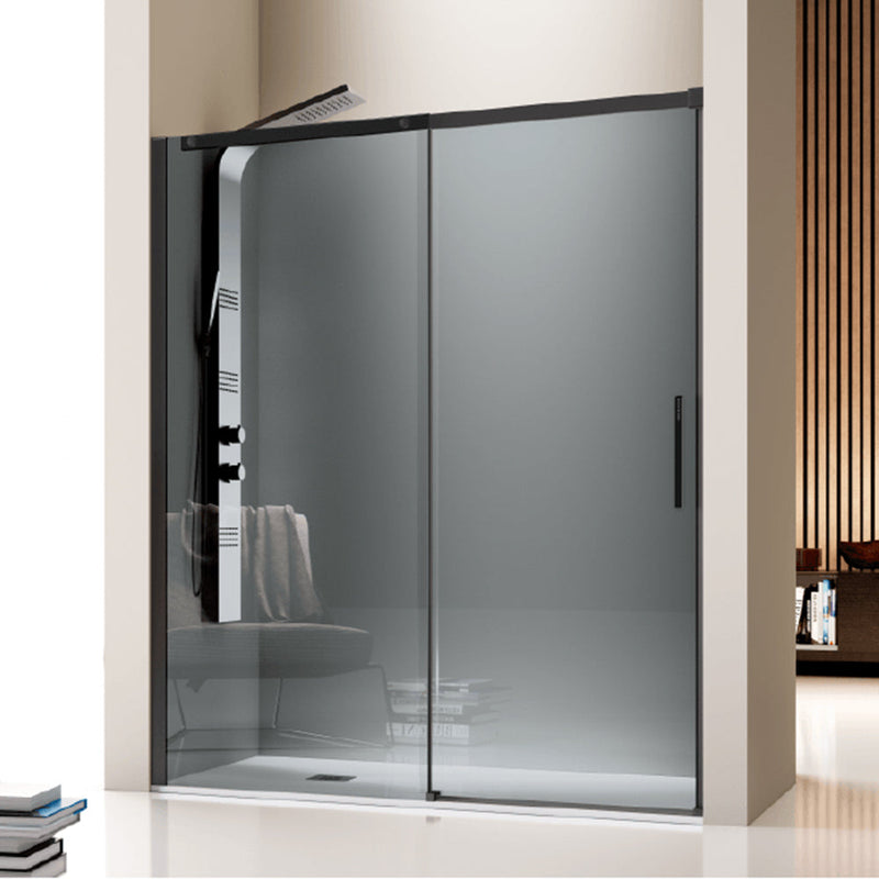 Paroi de douche fixe + Porte coulissante LUNA profil noir mat verre fumé