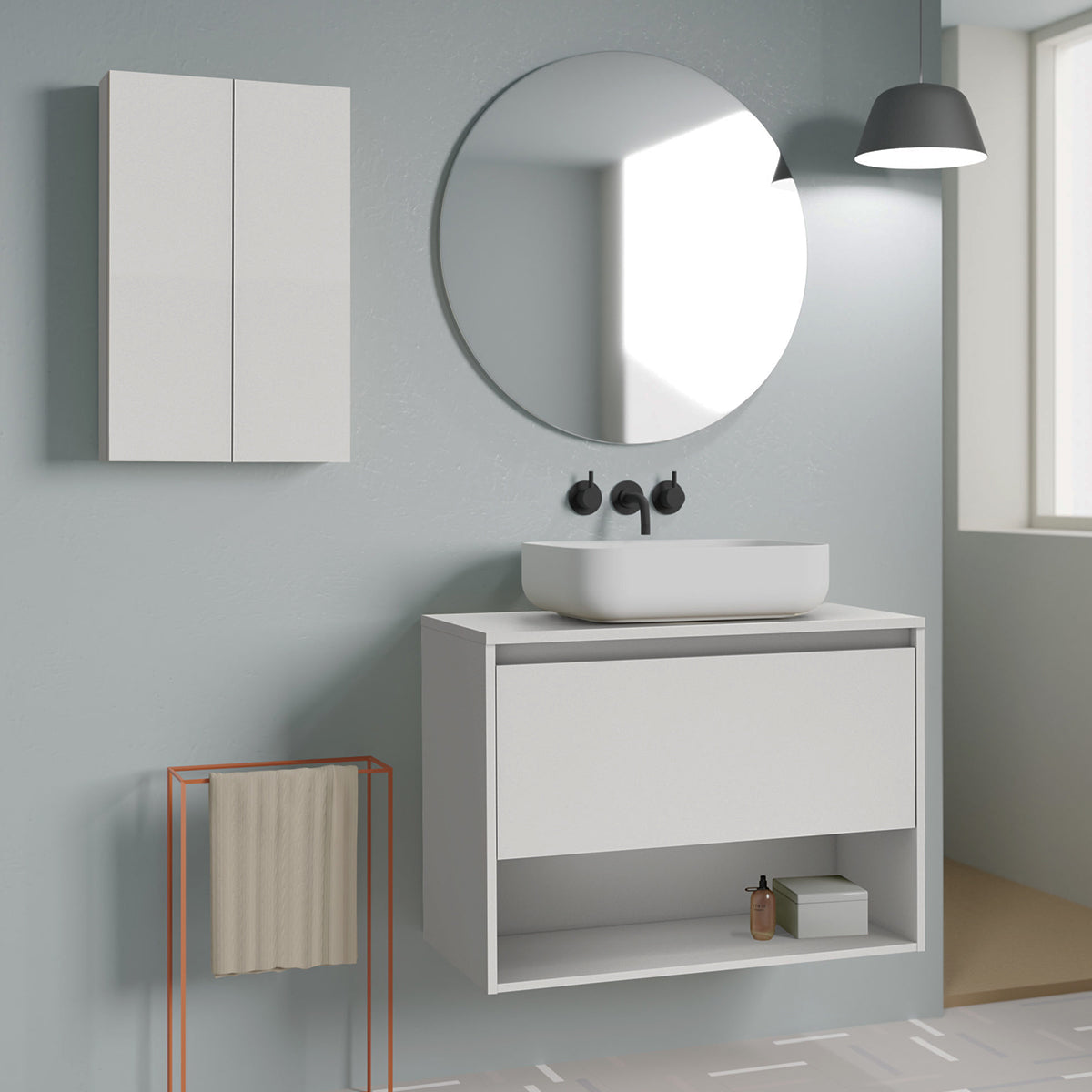 Exemple de meuble salle de bain suspendu avec vasque posée blanc brillant