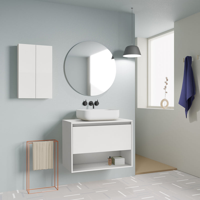 Meuble salle de bain suspendu en bois avec vasque posee incluse NIWA Blanc Brillant