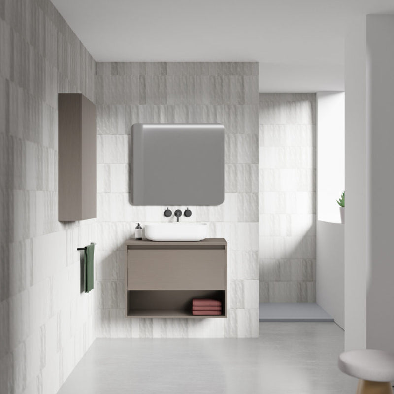 Meuble salle de bain en bois suspendu avec vasque posee incluse NIWA 60 et 80 cm Fumé sablé