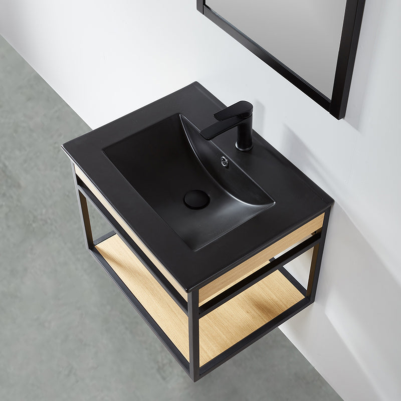 Meuble salle de bain suspendu PURE 60 cm en métal noir avec vasque céramique noire
