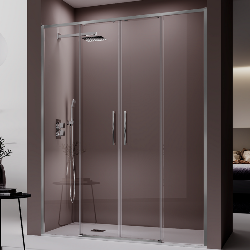 Paroi de douche 2 verres fixes + 2 portes coulissantes DELTA - profil aluminium anodisé brillant - Le Monde du Bain