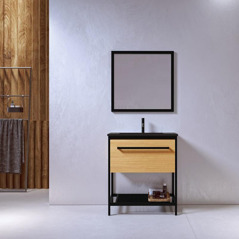 Meuble salle de bain SMART largeur 80 cm, en métal noir avec vasque céramique noire