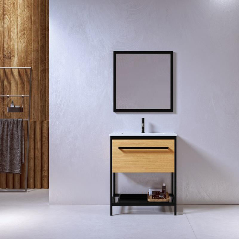 Meuble salle de bain SMART largeur 80 cm, en métal noir avec vasque céramique blanche