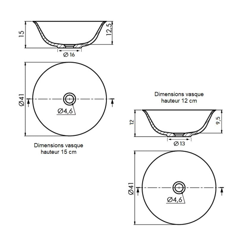 Dimensions - Vasques à poser ronde en pierre de synthèse BOL - 12 cm et 15 cm - Le Monde du Bain