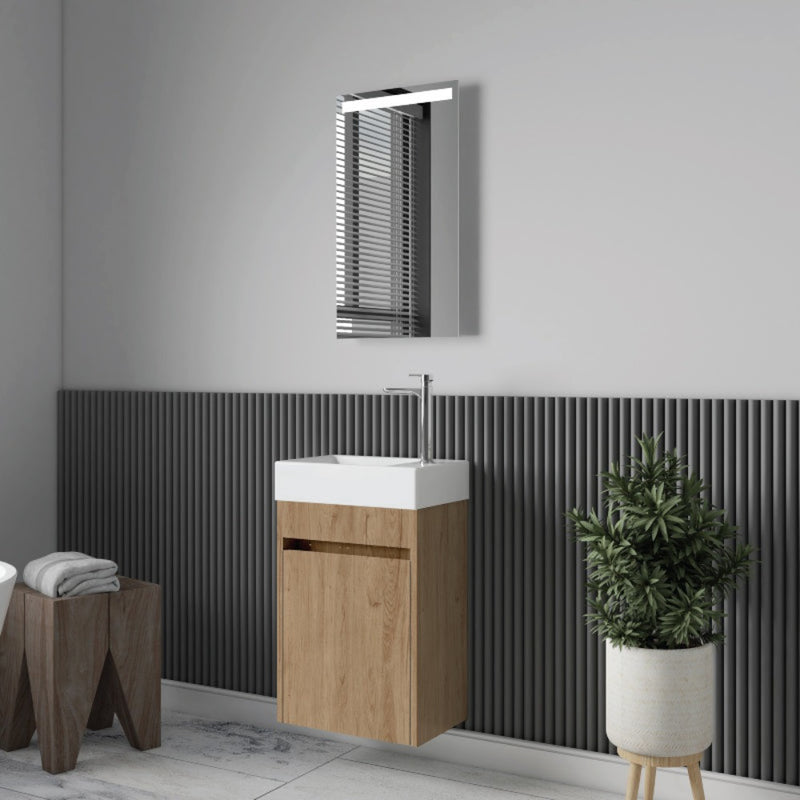 Vue de profil meuble lave-main salle de bain design simple vasque MESSINA largeur 45 cm chêne clair