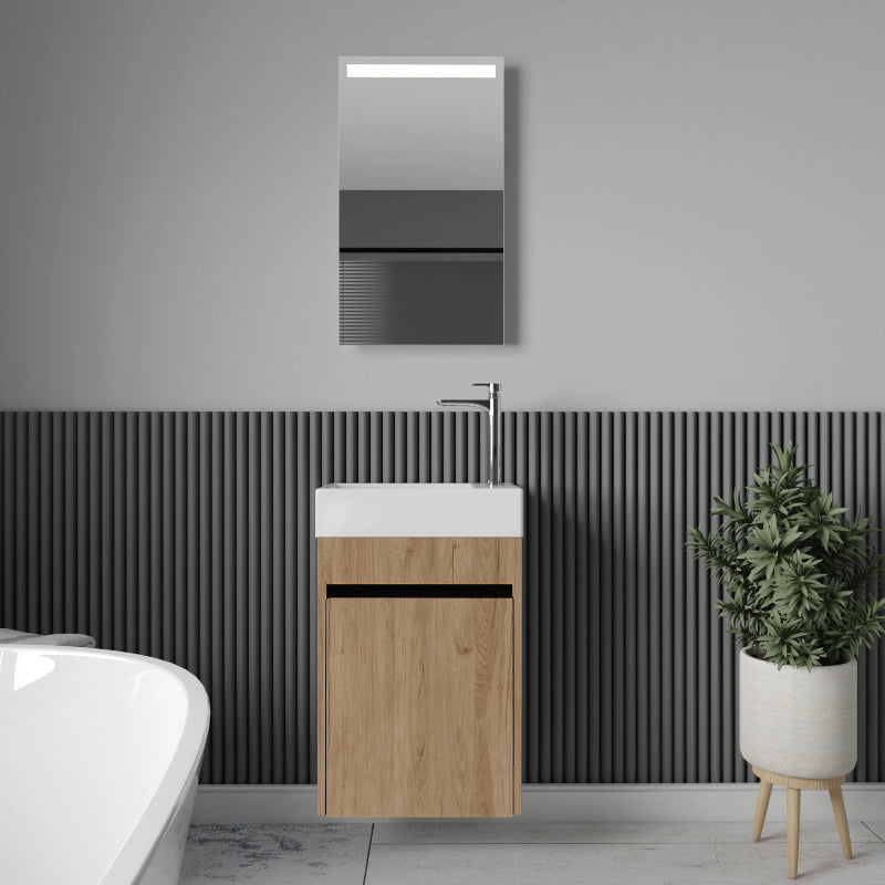 Vue de devant meuble lave-main salle de bain design simple vasque MESSINA largeur 45 cm chêne clair