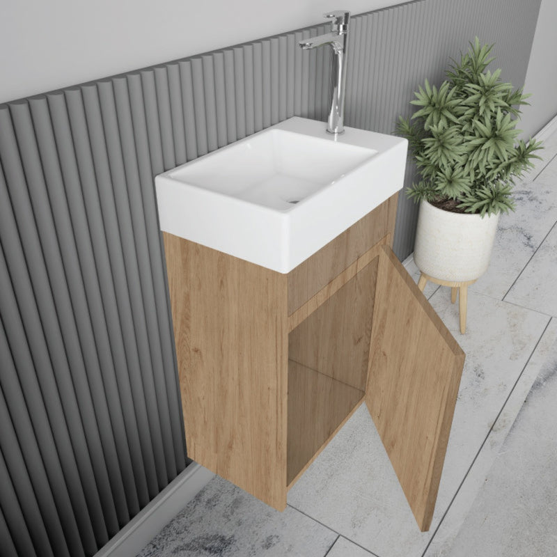 Vue de côté meuble lave-main salle de bain design simple vasque MESSINA largeur 45 cm chêne clair