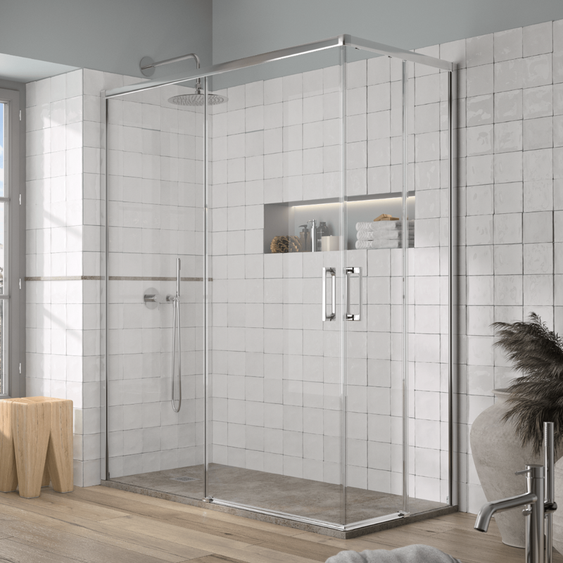 Paroi de douche accès en angle 2 verres fixes + 2 portes coulissantes YOKO