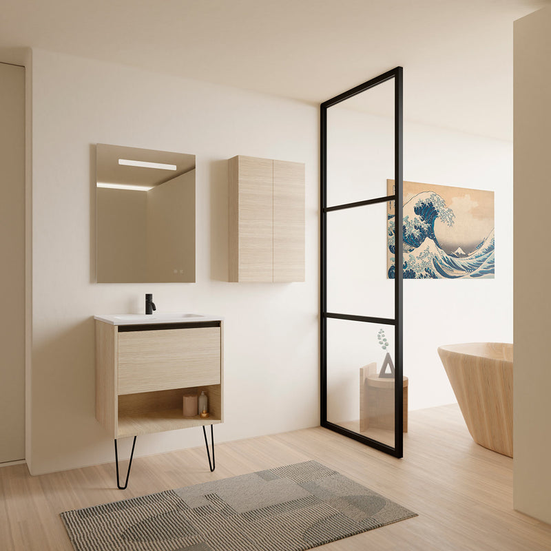 Meuble salle de bain en bois avec pieds en metal YOKO chene clair sablé
