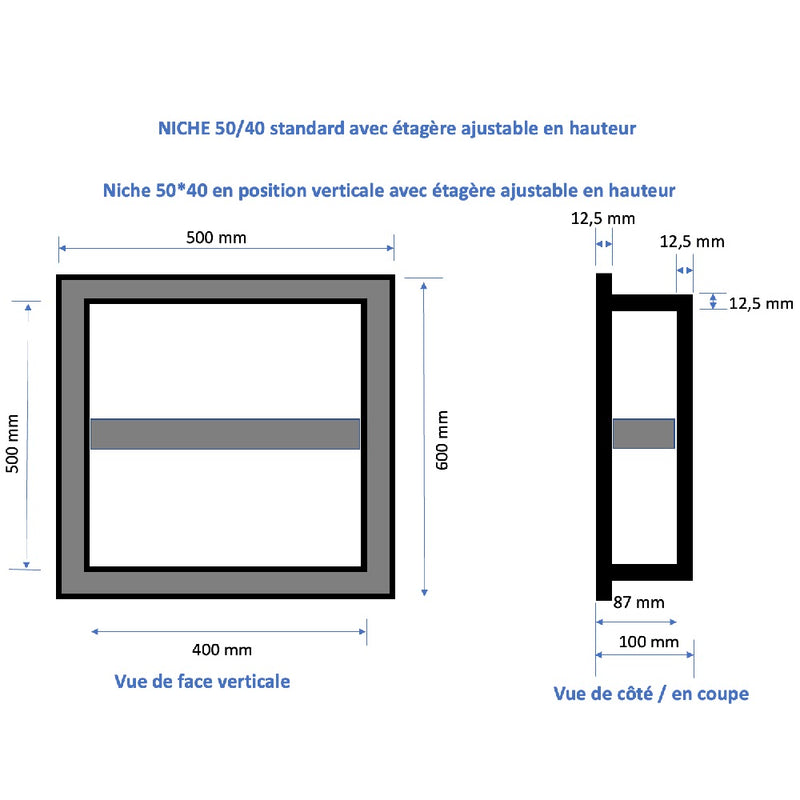 dimensions Niche à carreler étanche avec étagère - Format intérieur 50 x 40 cm - 9 cm de profondeur