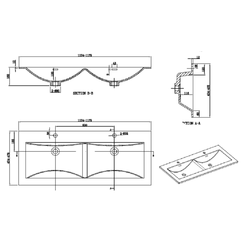 Meuble salle de bain design double vasque SIENA largeur 120 cm, blanc laqué