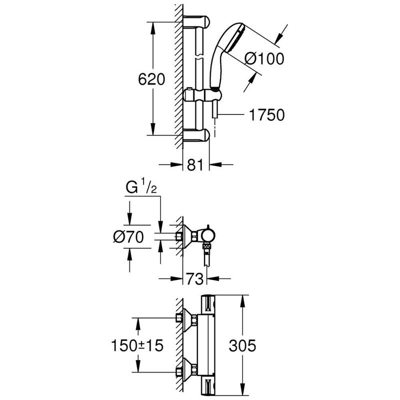 Dimensions - GROHE Grohtherm 800 Mitigeur thermostatique de douche avec colonne de douche 60 cm - Le Monde du Bain