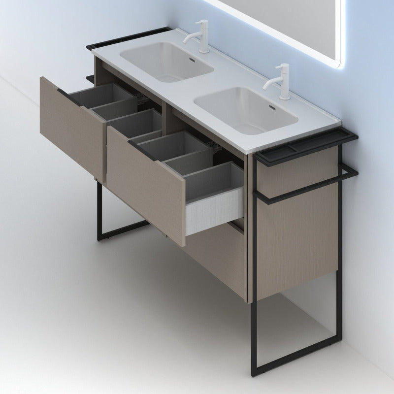 Meuble salle de bain double vasque en bois et métal KEIKO largeur 120 cm, fumé sablé